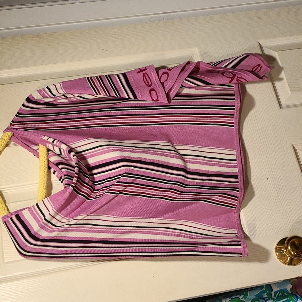 Bebe pink white black stripe poncho top o/s s m l 100% silk knit